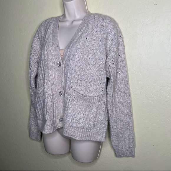 LOFT Knit Cardigan Sweater in Cream with Gold Accents Size Medium M - Picture 3 of 13